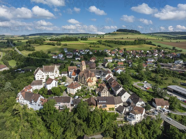 Aerial view of flower field, district of the southern Baden town of Tengen with flower field Castle