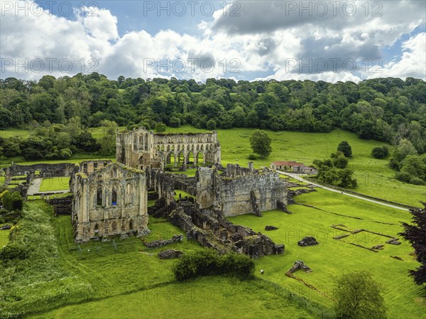 Rievaulx Abbey from a drone, North York Moors National Park, North Yorkshire, England, United