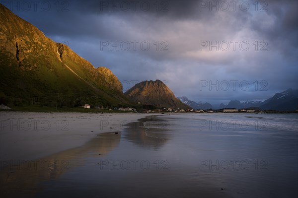 Landscape on the Lofoten Islands. The village of Ramberg, with the sea and the sandy beach