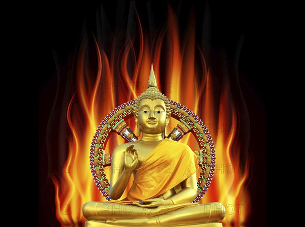 A Buddha in flames, Thailand, photomontage, Bangkok, Thailand, Asia