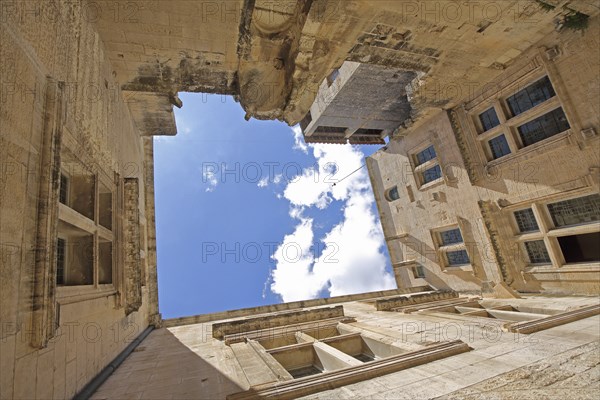 Houses and courtyard with view upwards, Mairie town hall, mountain village, Les Baux-de-Provence,