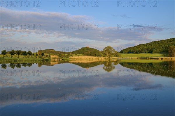 Lake with reflection in spring with castle at sunset, Veste Wachsenburg, Amt Wachsenburg, Drei