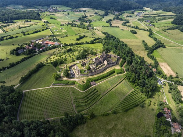 Aerial view of the ruins of Hochburg Castle, also known as Hachberg, 11th century, between