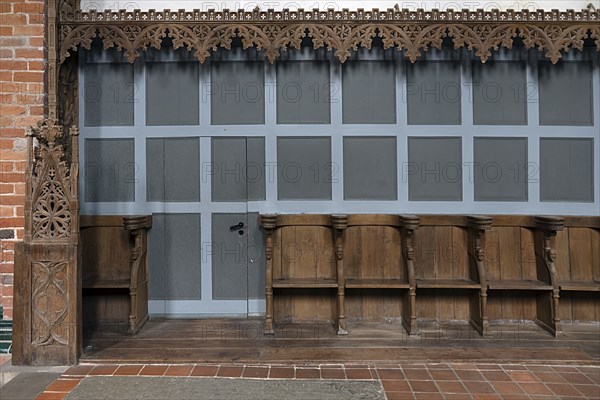 Gothic choir stalls in the interior of St Mary's Church, Brick Gothic, Klütz, Mecklenburg-Western