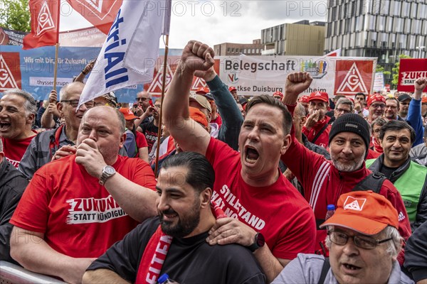 Demonstration by many thousands of steelworkers in front of the ThyssenKrupp headquarters in Essen