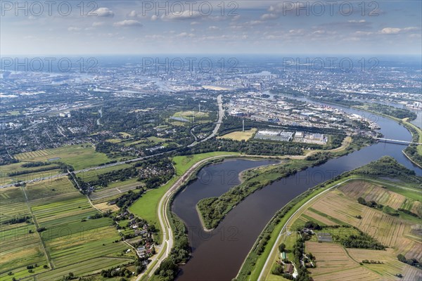 Aerial view, Kreetsand, Tiedeelbe concept, flood space, flood, Elbe, Norderelbe, tide, Hamburg Port