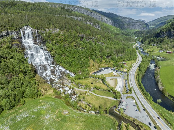 Aerial view of waterfall Tvindefoss (or: Tvinnefoss), Hardanger, Norway, Europe