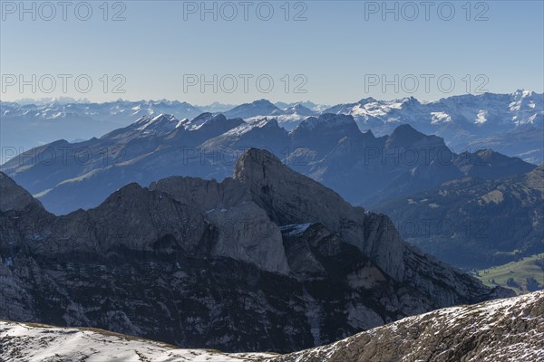 View from the alpine peak SÃ¤ntis to the Appenzell Alps, 2505m altitude, SchwÃ¤galp, snow-covered