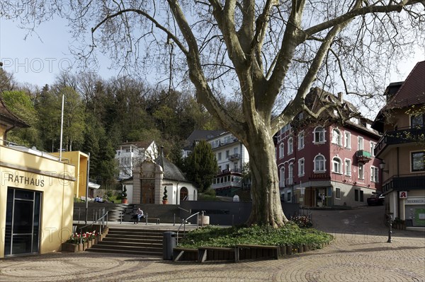 Square in the old town centre in spring, town hall and Inhalatorium pavilion, spa town of