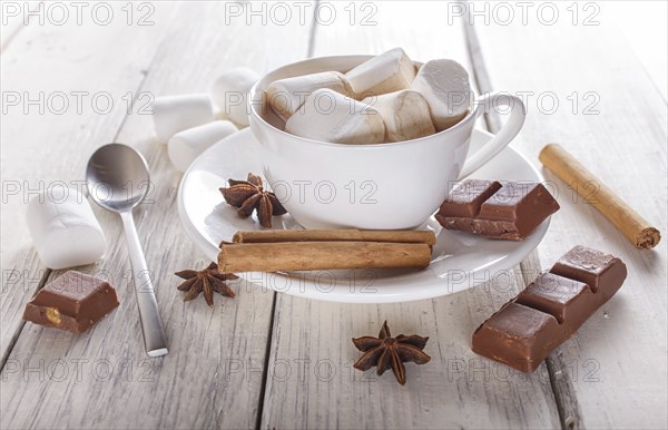 A cup of hot chocolate with marshmallow and spices on white wooden background. top view, close up