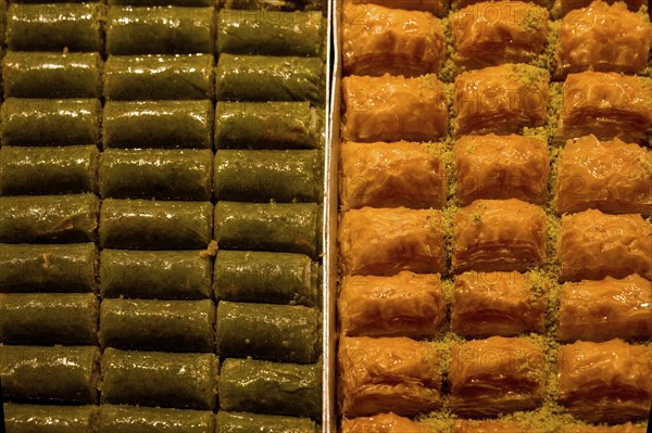 Egyptian bazar with pastries, Istanbul, Turkey, Asia