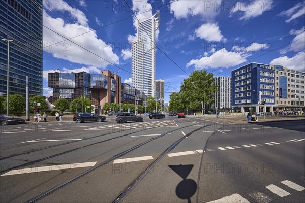Kronenhochhaus or Westend 1, headquarters of DZ Bank on Mainzer LandstraÃŸe under a blue sky with