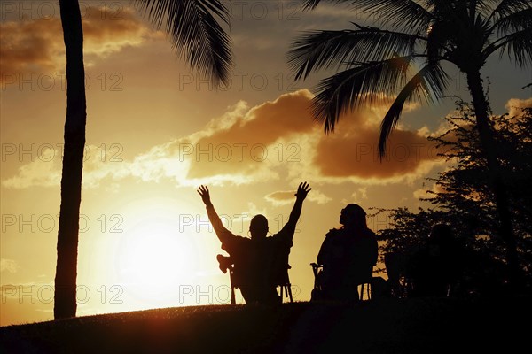 Silhouettes of people under palm trees at sunset. A man admires the scene with his arms up. Maui,