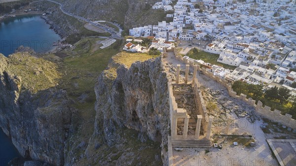 Drone shot, Acropolis of Lindos, late afternoon light, Temple of Athena Lindia, aerial view of an