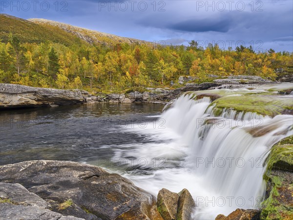 Valnesfossen in autumn, long exposure, Bodo, Helgeland coast, Nordland, Norway, Europe