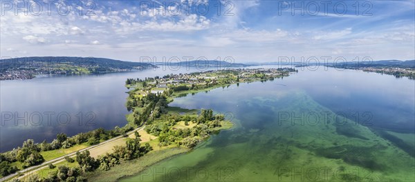 Aerial view, panorama of the island of Reichenau in Lake Constance with the Thurgau lake ridge on