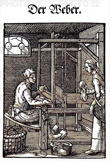 The Weaver, woodcut from the, Das Staendebuch, a famous series of woodcuts of the craft of Amman,