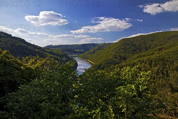 Elevated view of the Our valley and the river Our, Vianden, Our National Park, Ardennes, Islek,