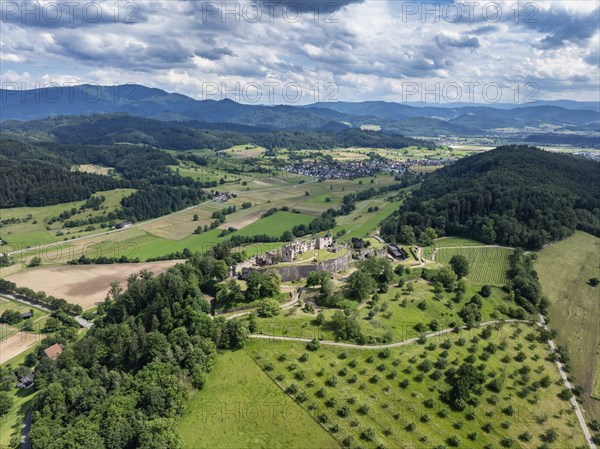 Aerial view of the ruins of Hochburg Castle, also known as Hachberg, 11th century, between