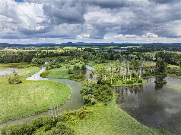 Aerial view of the Radolfzeller Aachried with the Radolfzeller Aach at high water, on the horizon