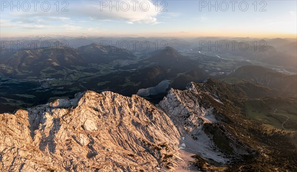 Aerial view, evening mood in the mountains, Schaffauer and Hintersteiner lakes, Wilder Kaiser,
