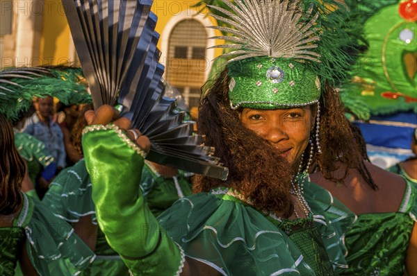 Happy, colourful costumed people. Carnival. Mindelo. Cabo Verde. Africa