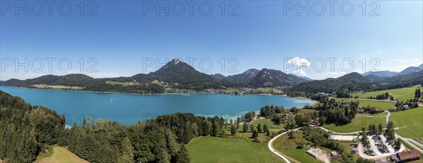 Drone shot, panorama shot, Fuschlsee with Schober, Fuschl am See, Alpine foothills, Salzkammergut,