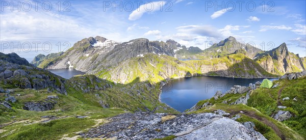 Panorama, mountain landscape with lake Tennesvatnet and Fjerddalsvatnet, at sunrise, in the back