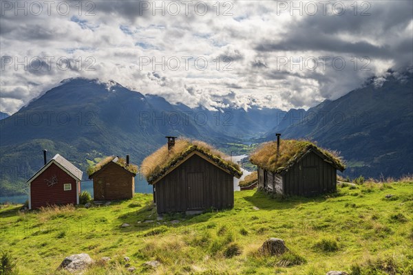 Traditional mountain huts on Rakssetra mountain pasture, Ã…rheimsfjellet mountain, Loen, Stryn,
