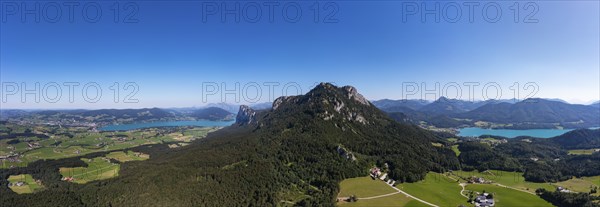 Drone shot, panorama shot, Schober and Drachenwand with Mondsee and Fuschlsee, Mondseeland,