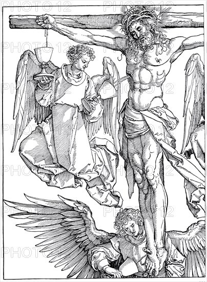 Christ on the Cross with Three Angels, woodcut by Albrecht Dürer, historical, digitally improved