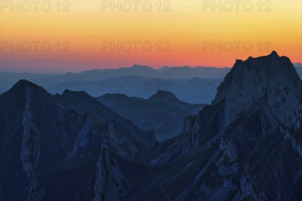 Alpstein Mountains at dawn, view of Mount Hoher Kasten, behind Vorarlberg Austria, Canton Appenzell
