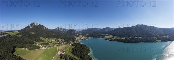Drone shot, panorama shot, Fuschlsee, Fuschl am See, Alpine foothills, Salzkammergut, Land