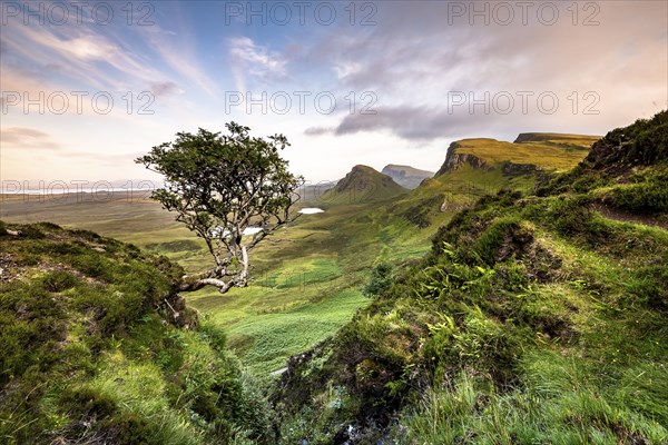 View of rocky landscape Quiraing, Trotternish Ridge, Highlands, Isle of Skye, Inner Hebrides,