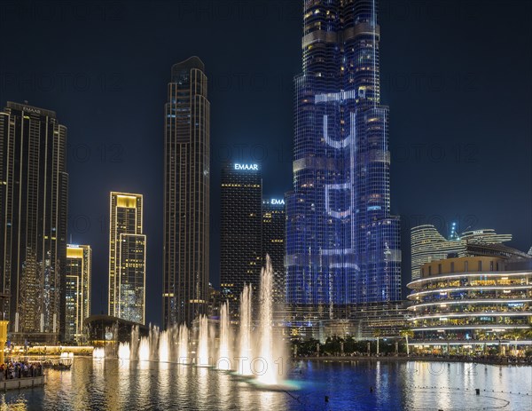 Night shot, water feature in Burj Khalifa Lake, Burk Khalifa, Downtown, Dubai, United Arab