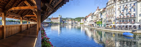 Chapel bridge city on the river Reuss with bridge panorama in Lucerne, Switzerland, Europe