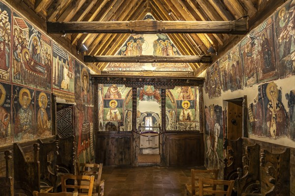 The painted interior of the barn-roofed Church of Archangelos Michail or Church of St. Michael the