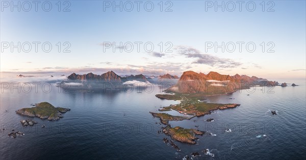 Fishing village Hovden, coast, fjords and mountains, Langoya island, Vesteralen archipelago,