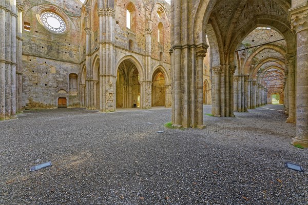 View from the crossing into the nave and side aisles, church ruins of the Cistercian Abbey of San