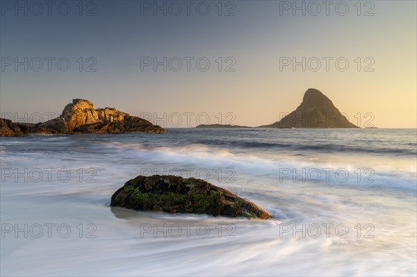 Sandy beach beach with island in the sea near Bleik, Andoya Island, Vesteralen, Norway, Europe