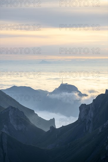 Hoher Kasten at sunrise, high fog in the valley, view from SÃ¤ntis, Appenzell Ausserrhoden,
