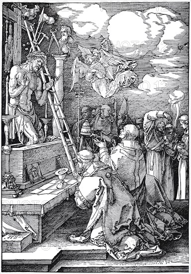 The Mass of St. Gregory, woodcut by Albrecht Dürer, historical, digitally improved reproduction of