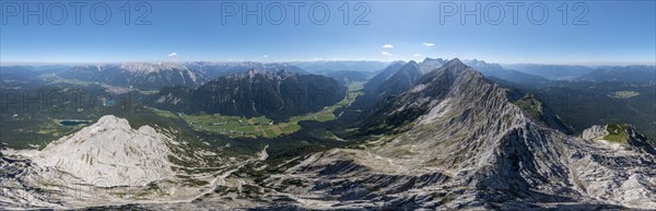 Alpine panorama, aerial view, Westliche Wettersteinspitze, Wetterstein Mountains, Bavaria, Germany,
