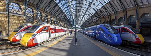 Azuma trains of London North Eastern Railway LNER and Lumo of FirstGroup at King's Cross Panorama
