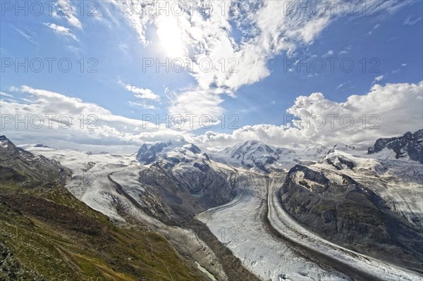 View from Gornergrat towards south, Grenzgletscher with Dufourspitze, Valais Alps, Zermatt, Valais,