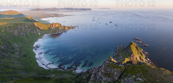 View from Mount Matinden of sandy beach and rocky coast, Bleik, Andoya Island, Vesteralen, Norway,