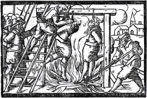 Burning of witches hanging on the gallows, around 1613 in Roermond in Holland, Historic, digitally