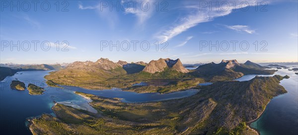 View of mountains and fjord, Mount Stortinden, Efjord, Tysfjord, Ofoten, Nordland, Norway, Europe