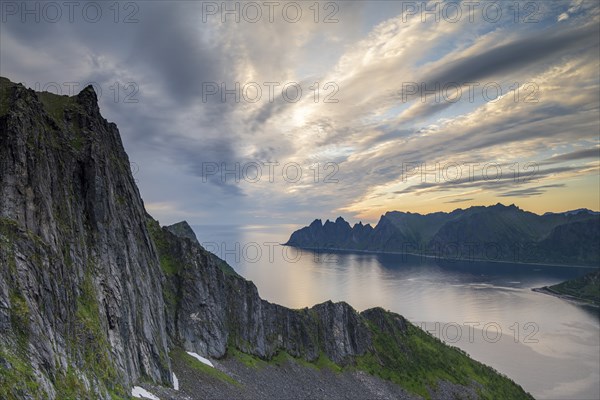 Fjord and mountains, mountain range Okshornan in the back, Senja, Norway, Europe