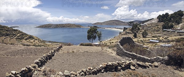 Old Inca terasses on the island Isla del Sol in Lake Titicaca, Bolivia, South America